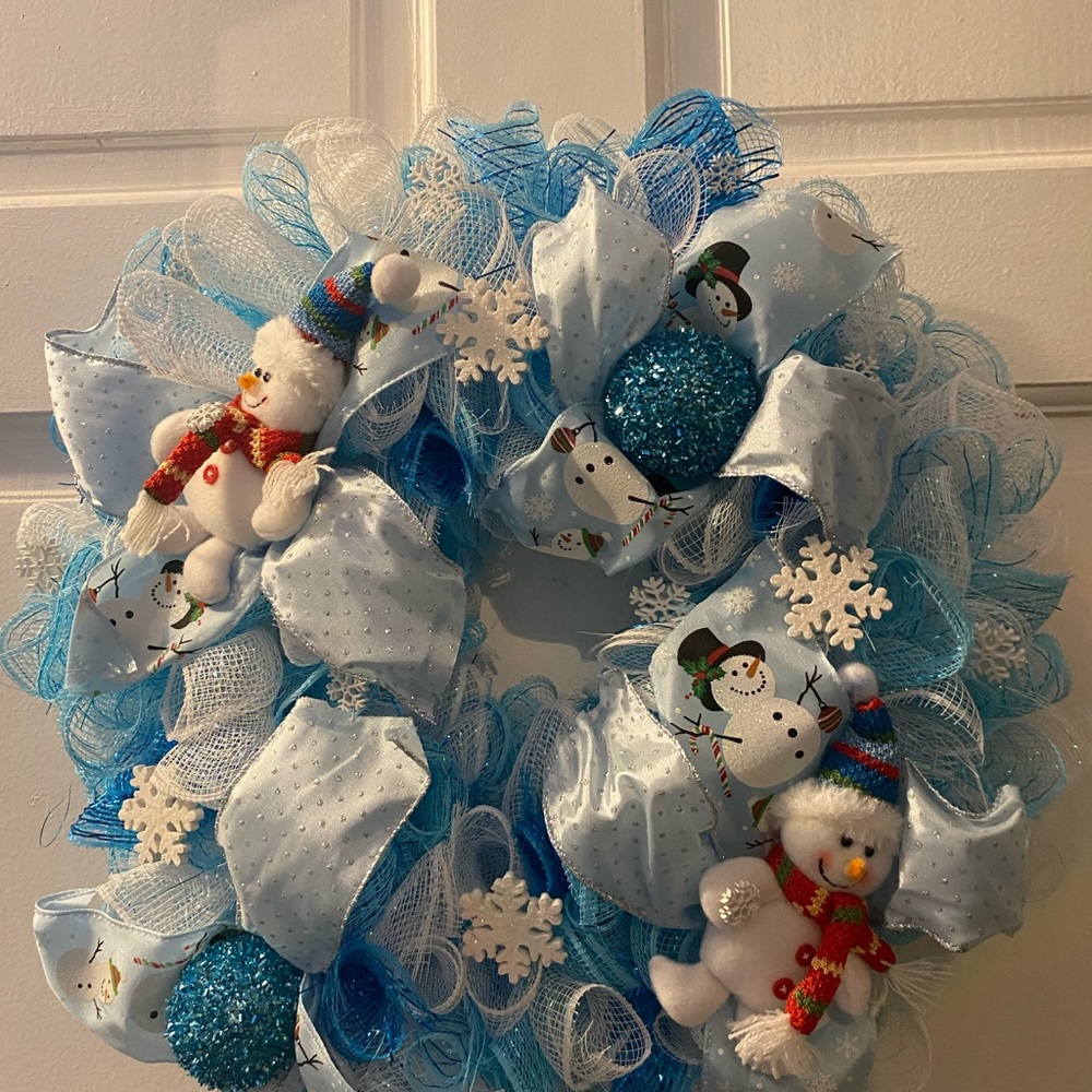Festive Snowman Holiday Wreath - Blue and White
